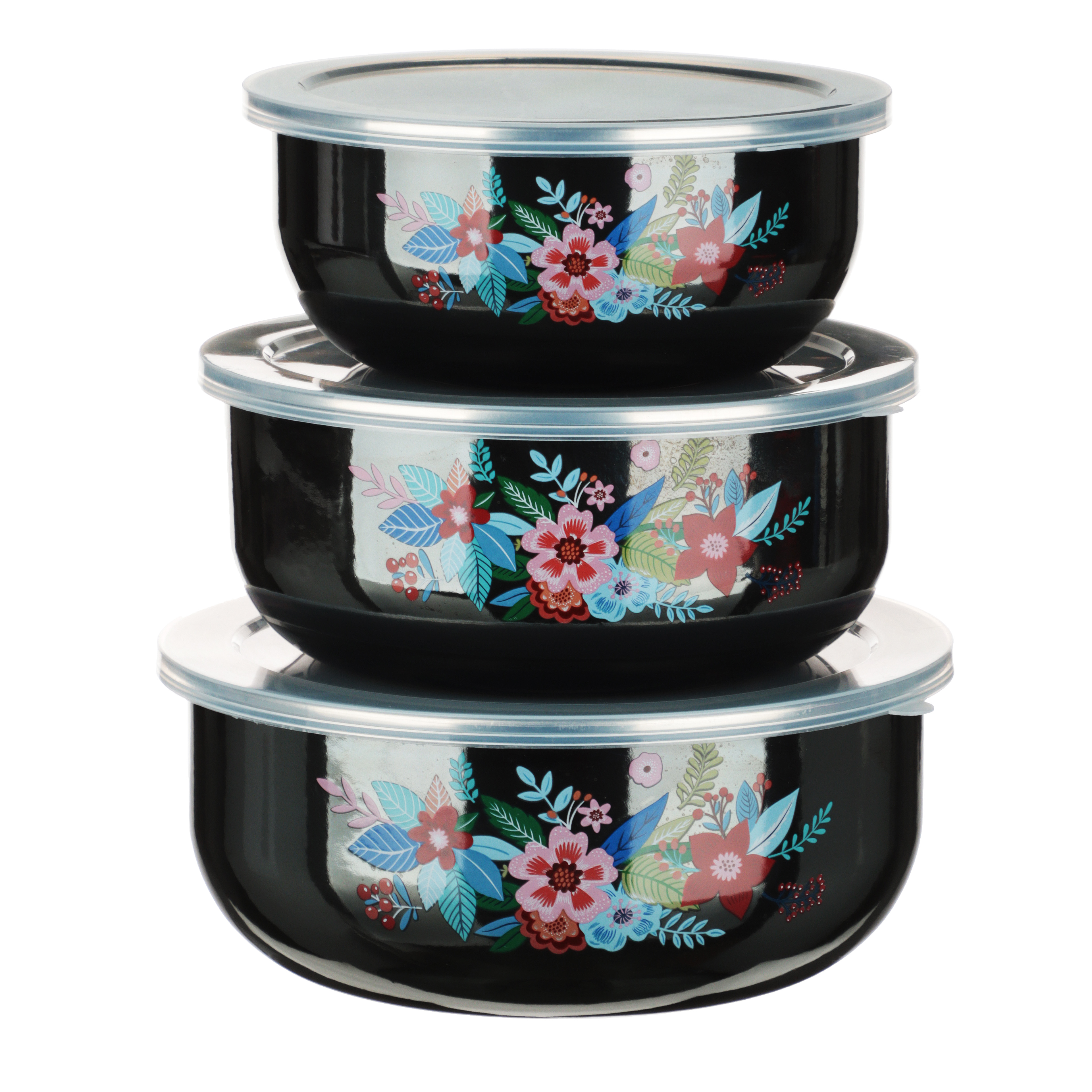 Набор эмалированных салатников с крышками, 6 пр. (14/16/18см, 0,7/1,1/1,4л) "Колор" черн.перлам., арт.№ 894-012