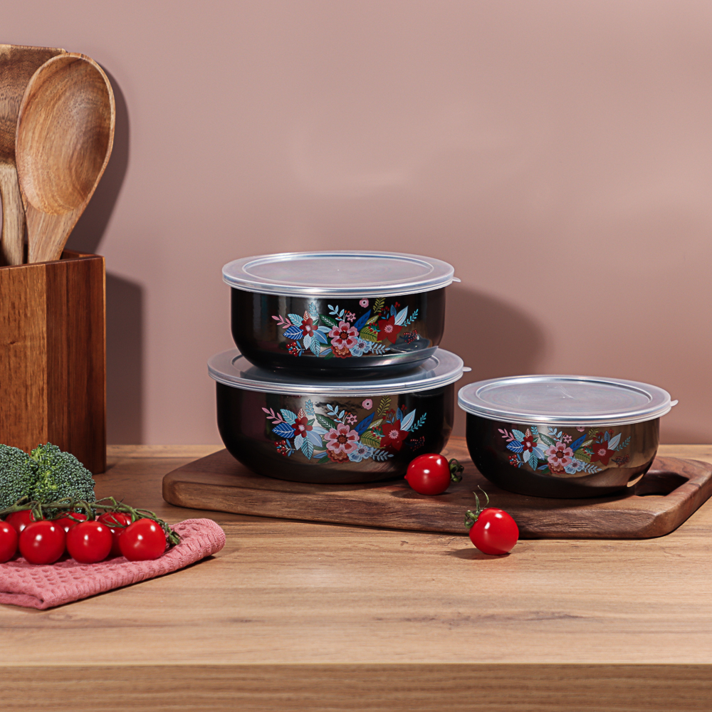 Набор эмалированных салатников с крышками, 6 пр. (14/16/18см, 0,7/1,1/1,4л) "Колор" черн.перлам., арт.№ 894-012