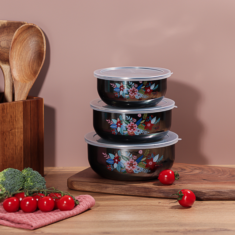 Набор эмалированных салатников с крышками, 6 пр. (14/16/18см, 0,7/1,1/1,4л) "Колор" черн.перлам., арт.№ 894-012