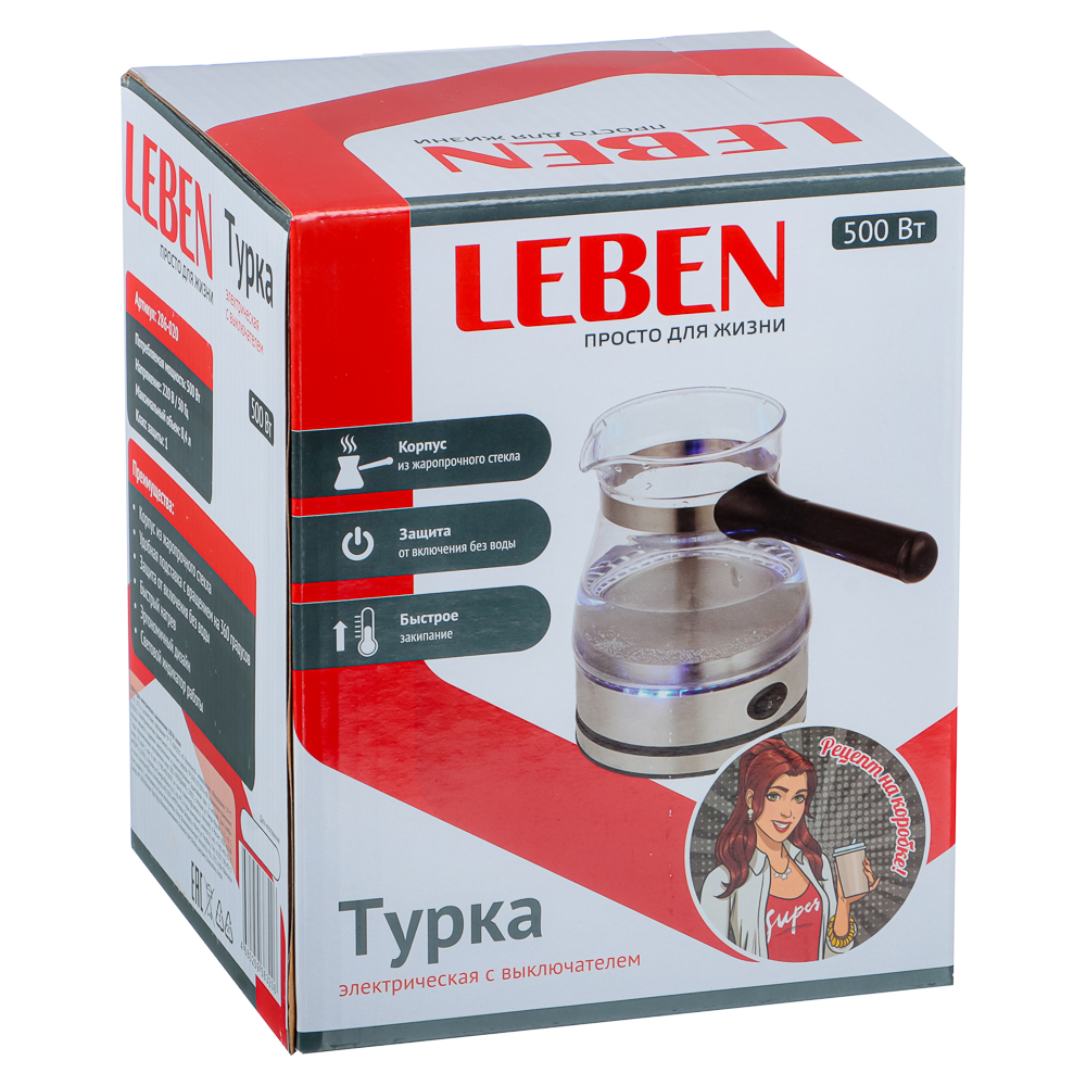 LEBEN Турка электрическая с выключателем 500Вт, стекло, арт.№ 286-020