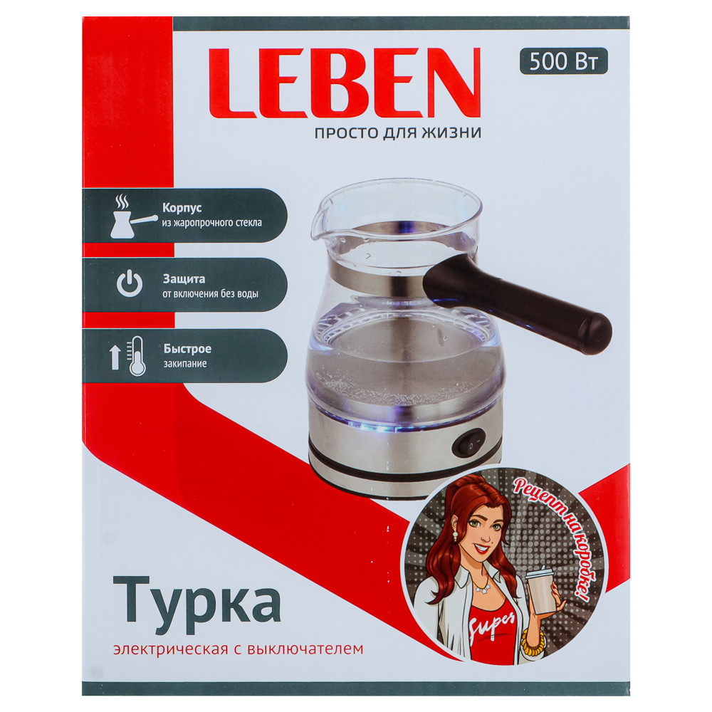 LEBEN Турка электрическая с выключателем 500Вт, стекло, арт.№ 286-020