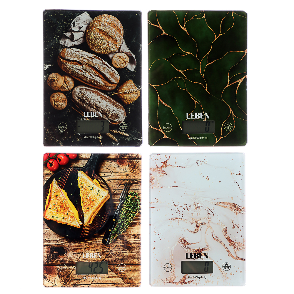 LEBEN Весы кухонные электронные, стекло с дизайном, прямоуг. макс.нагр. 5кг (точн.измер. 1гр), арт.№ 268-047