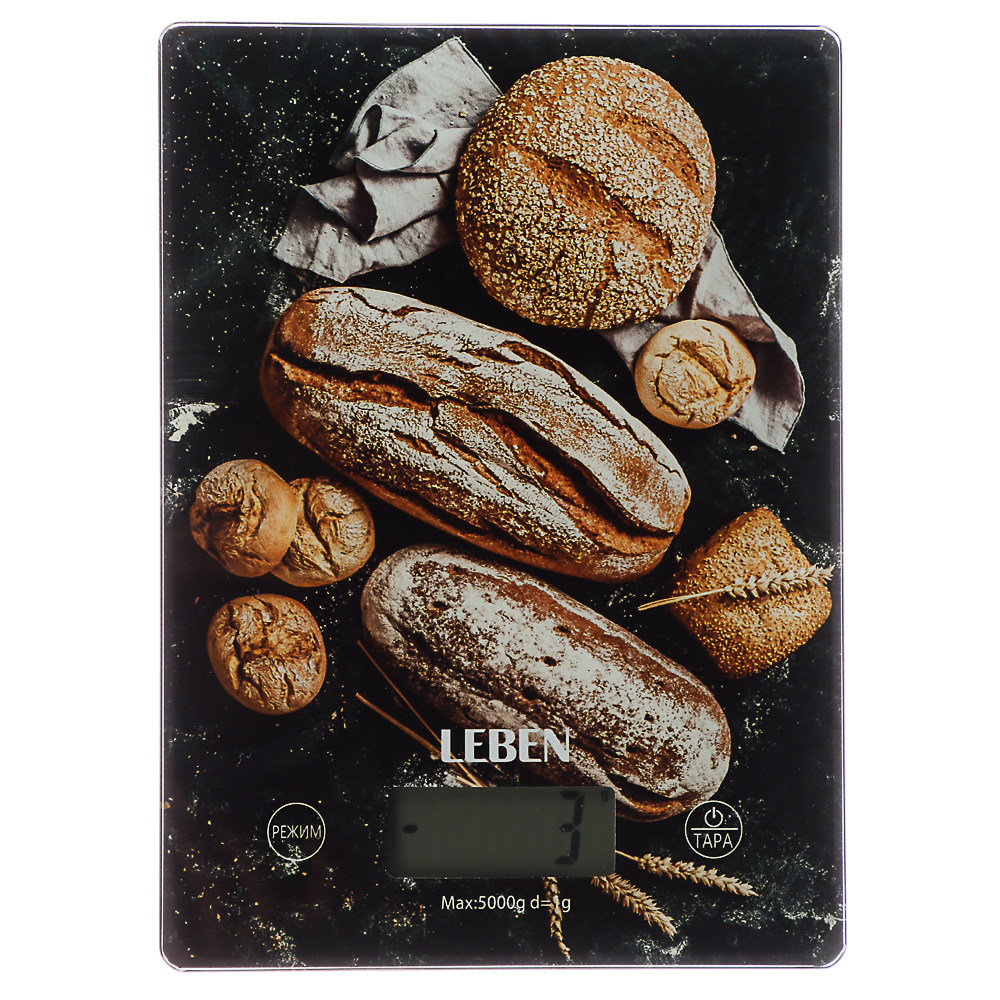 LEBEN Весы кухонные электронные, стекло с дизайном, прямоуг. макс.нагр. 5кг (точн.измер. 1гр), арт.№ 268-047