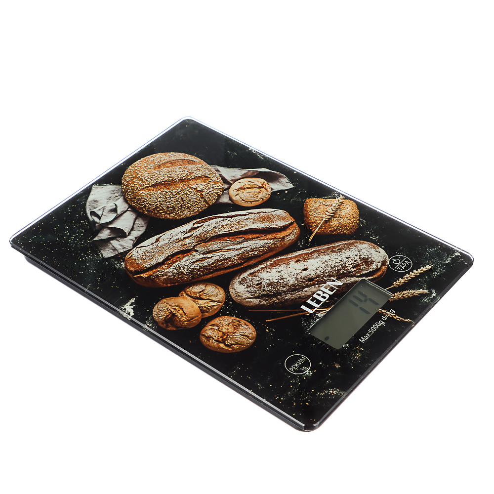 LEBEN Весы кухонные электронные, стекло с дизайном, прямоуг. макс.нагр. 5кг (точн.измер. 1гр), арт.№ 268-047