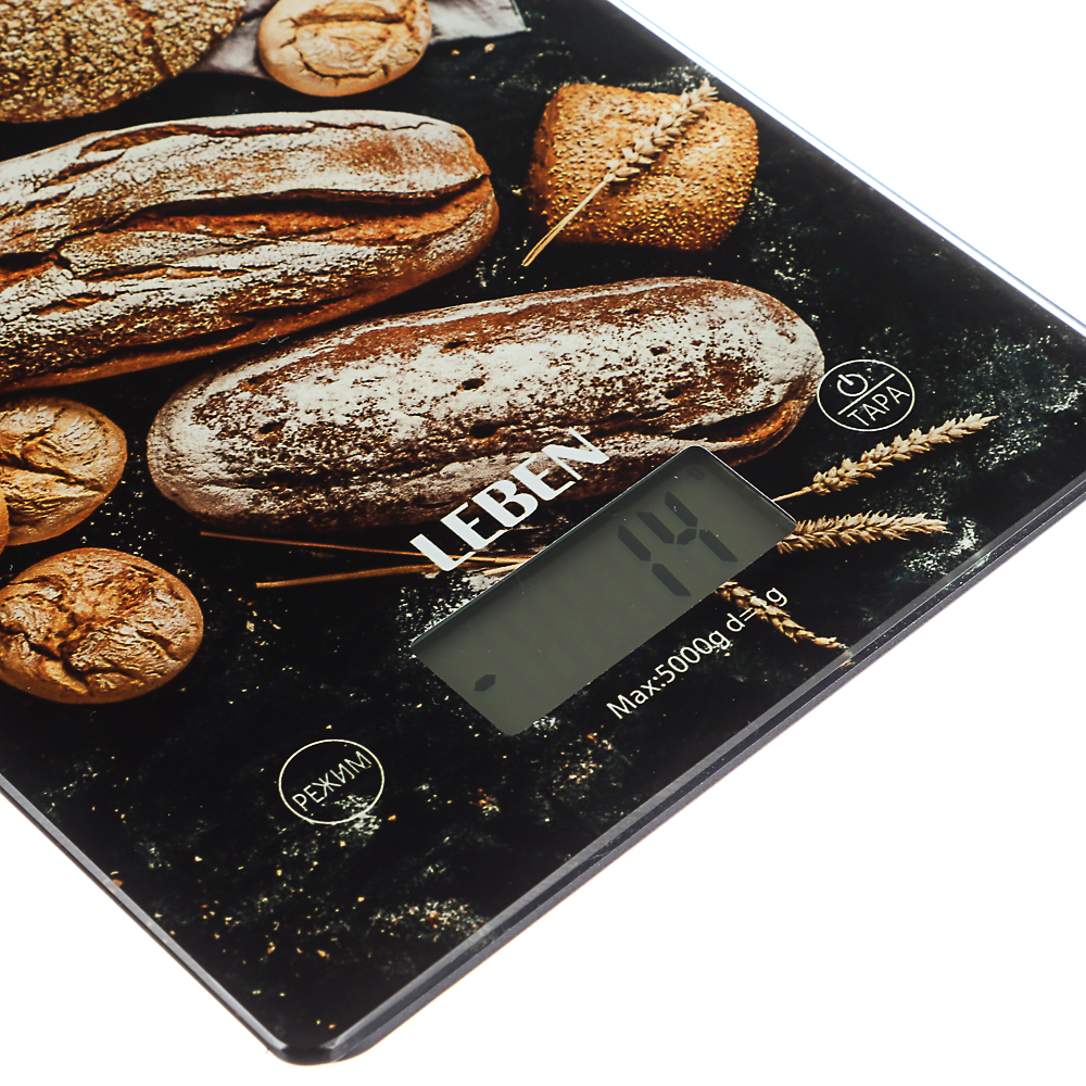LEBEN Весы кухонные электронные, стекло с дизайном, прямоуг. макс.нагр. 5кг (точн.измер. 1гр), арт.№ 268-047