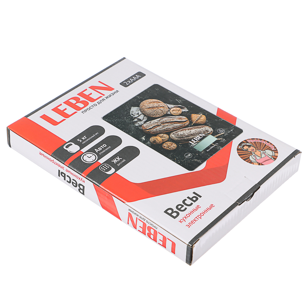 LEBEN Весы кухонные электронные, стекло с дизайном, прямоуг. макс.нагр. 5кг (точн.измер. 1гр), арт.№ 268-047