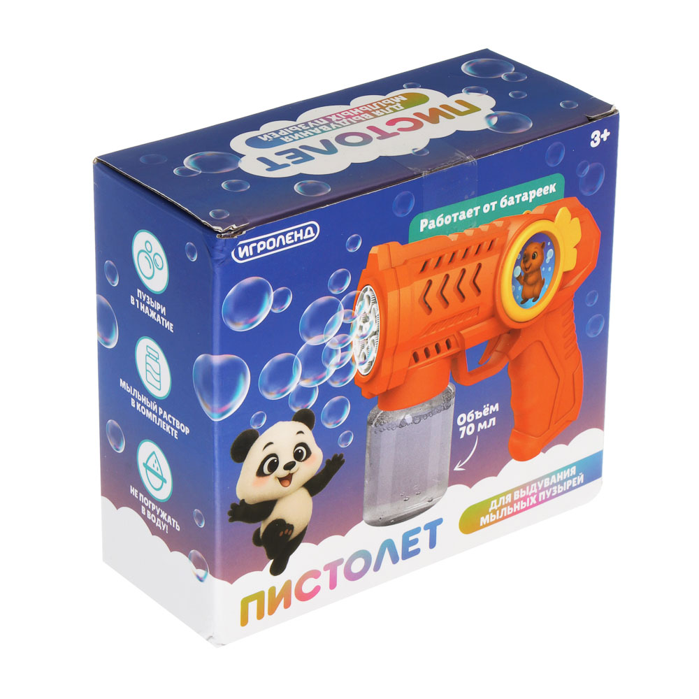 Пистолет для выдувания мыльных пузырей, ИГРОЛЕНД, PP, мыл. раствор 70 мл.,4хАА, арт.№ 460-046