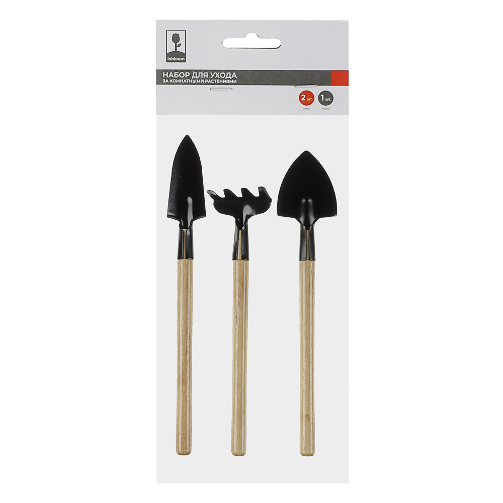 Набор для ухода за комн.растениями(совки 21-22см, грабли 18см) тм INBLOOM, ручки лакирован, мет,дер., арт.№ 181-017