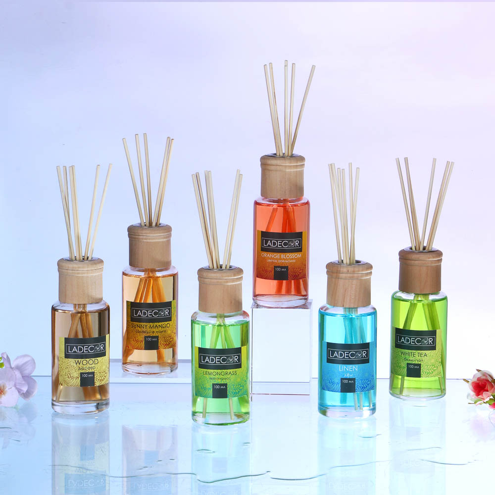 LADECOR Аромадиффузор с палочками 100мл, 6 ароматов дерево, апельсин,лемонграсс,лен,белый чай,манго, арт.№ 412-011
