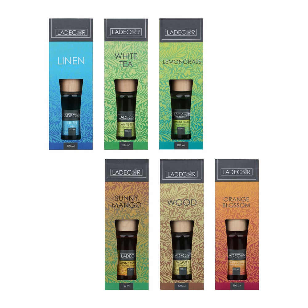 LADECOR Аромадиффузор с палочками 100мл, 6 ароматов дерево, апельсин,лемонграсс,лен,белый чай,манго, арт.№ 412-011