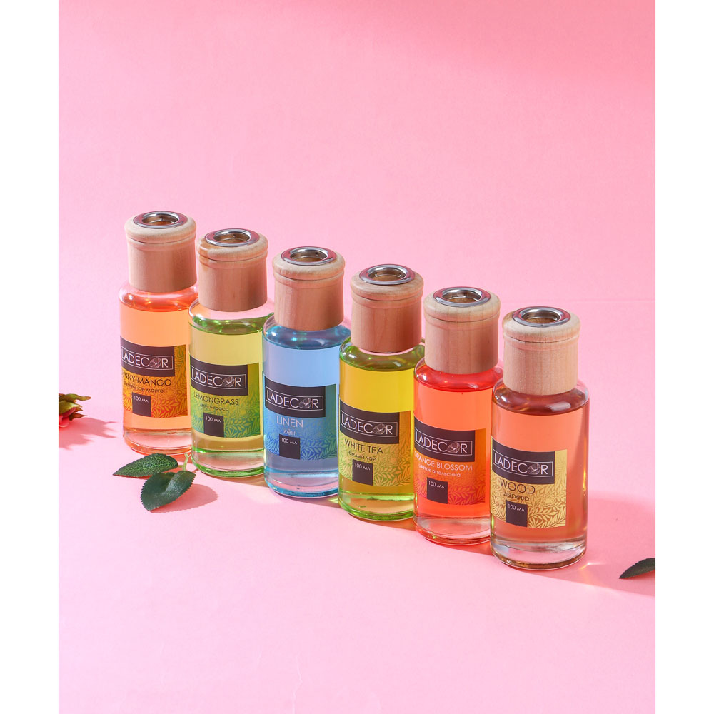 LADECOR Аромадиффузор с палочками 100мл, 6 ароматов дерево, апельсин,лемонграсс,лен,белый чай,манго, арт.№ 412-011