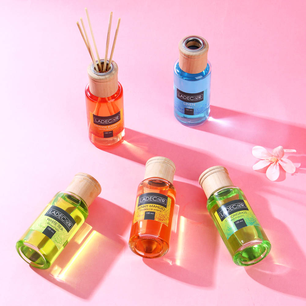 LADECOR Аромадиффузор с палочками 100мл, 6 ароматов дерево, апельсин,лемонграсс,лен,белый чай,манго, арт.№ 412-011