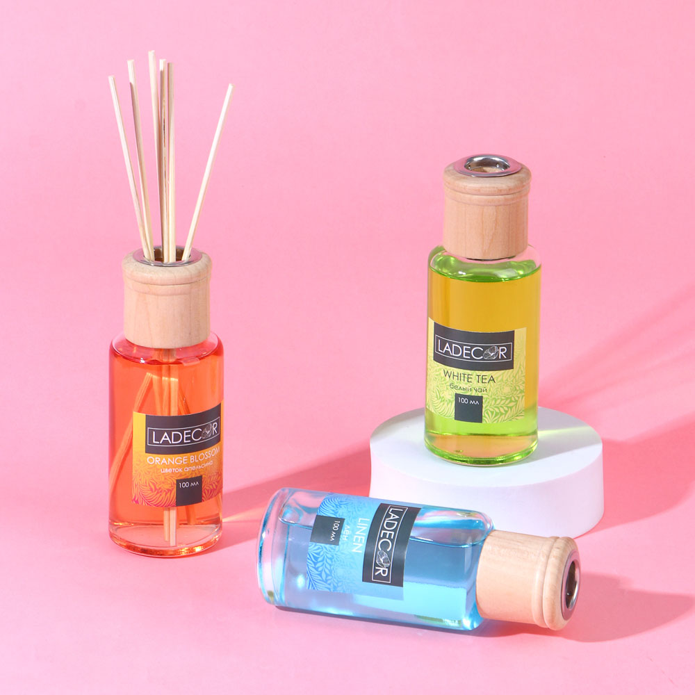 LADECOR Аромадиффузор с палочками 100мл, 6 ароматов дерево, апельсин,лемонграсс,лен,белый чай,манго, арт.№ 412-011