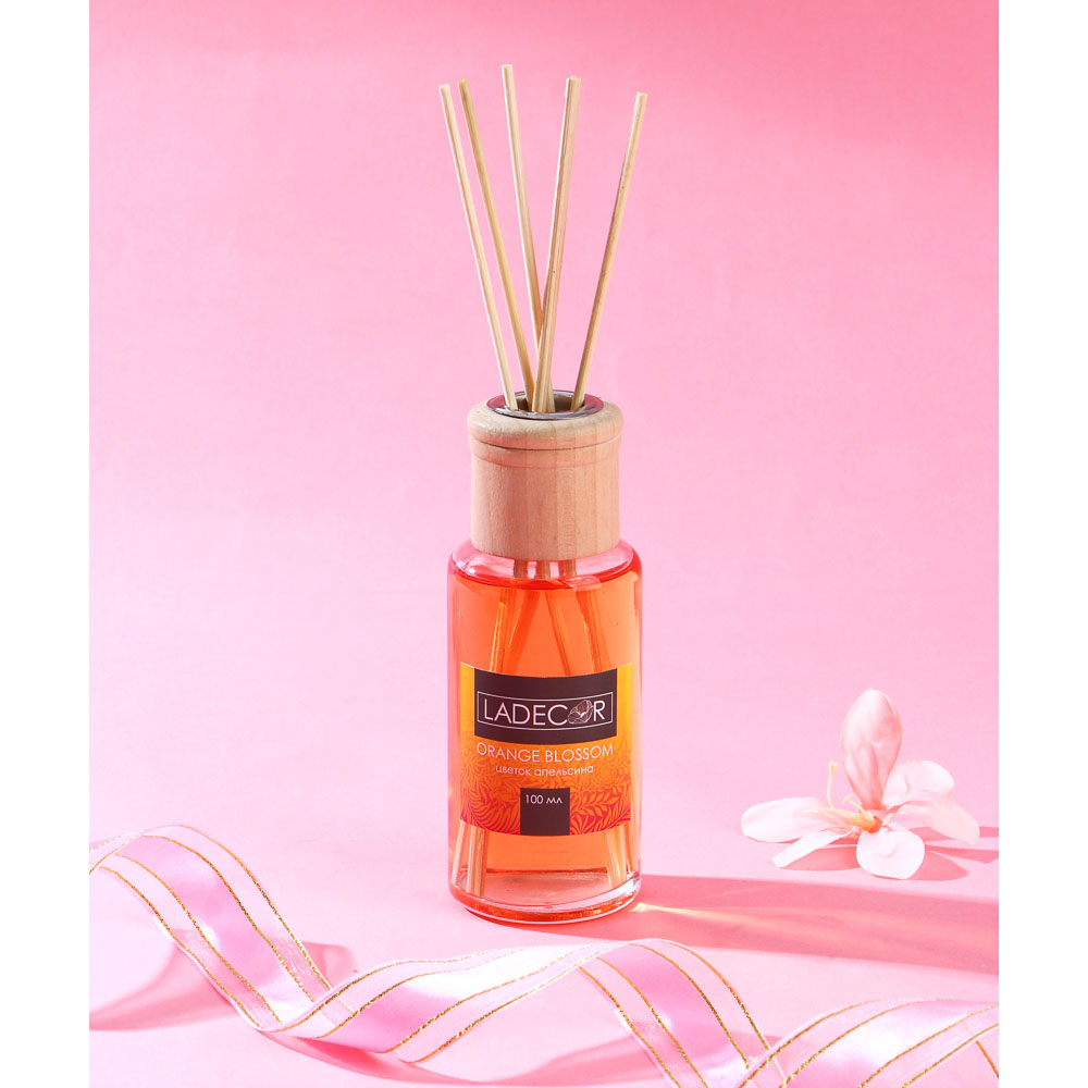 LADECOR Аромадиффузор с палочками 100мл, 6 ароматов дерево, апельсин,лемонграсс,лен,белый чай,манго, арт.№ 412-011