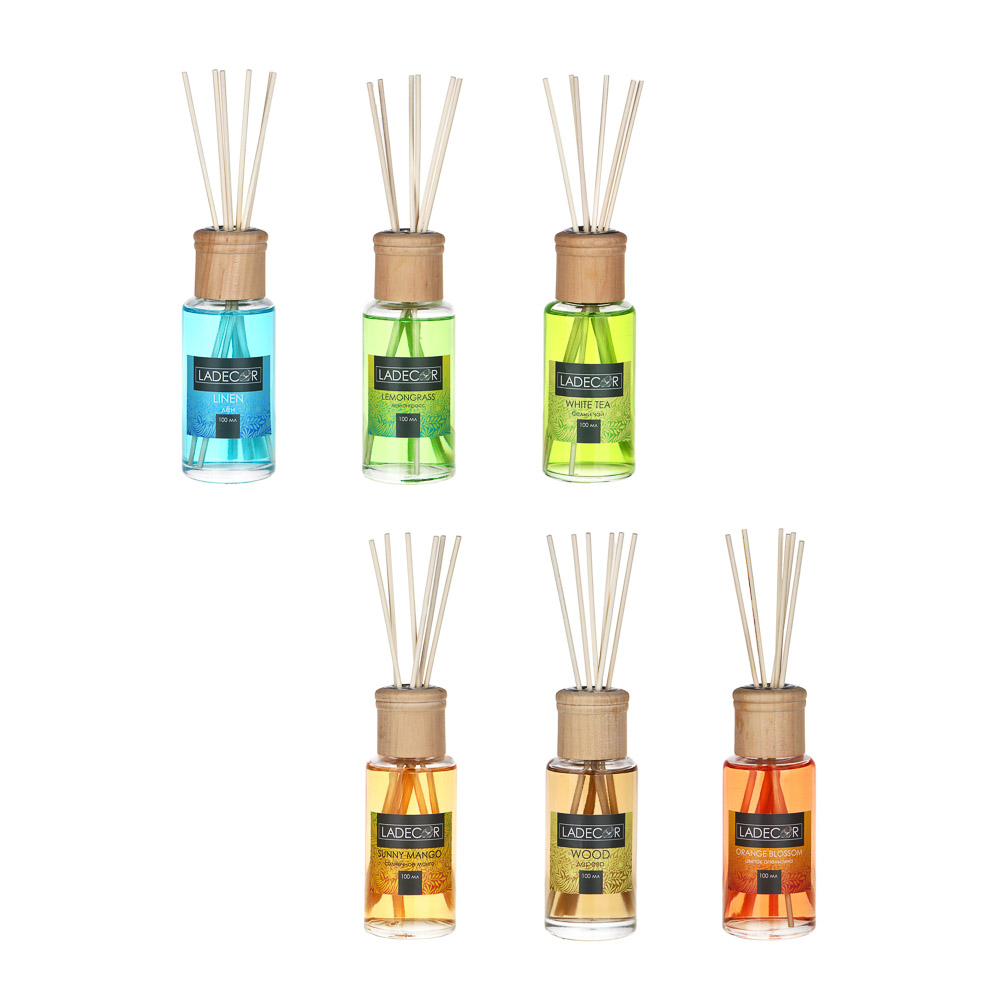 LADECOR Аромадиффузор с палочками 100мл, 6 ароматов дерево, апельсин,лемонграсс,лен,белый чай,манго, арт.№ 412-011
