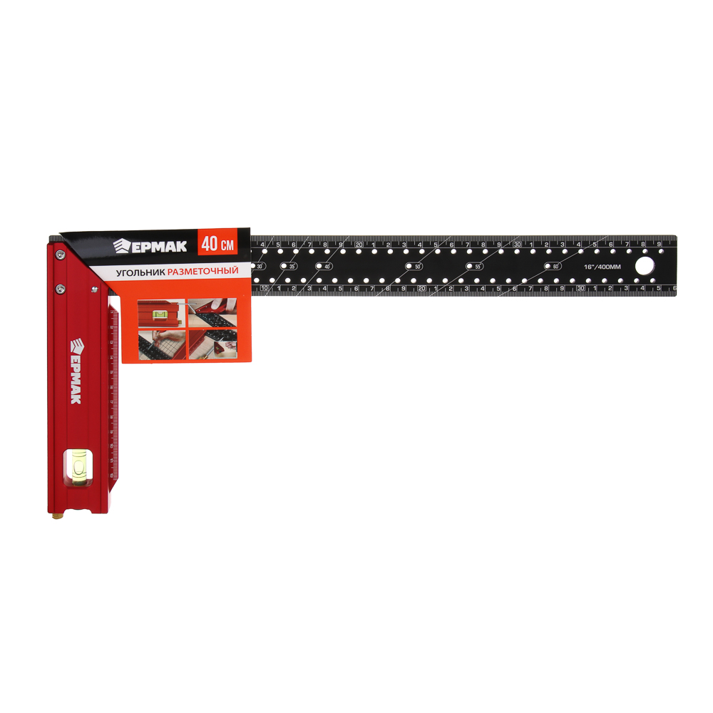 Угольник разметочный 40см тм ЕРМАК, с отверстиями для разметки(интервал 5мм) и пузырьковым уровнем, арт.№ 665-229
