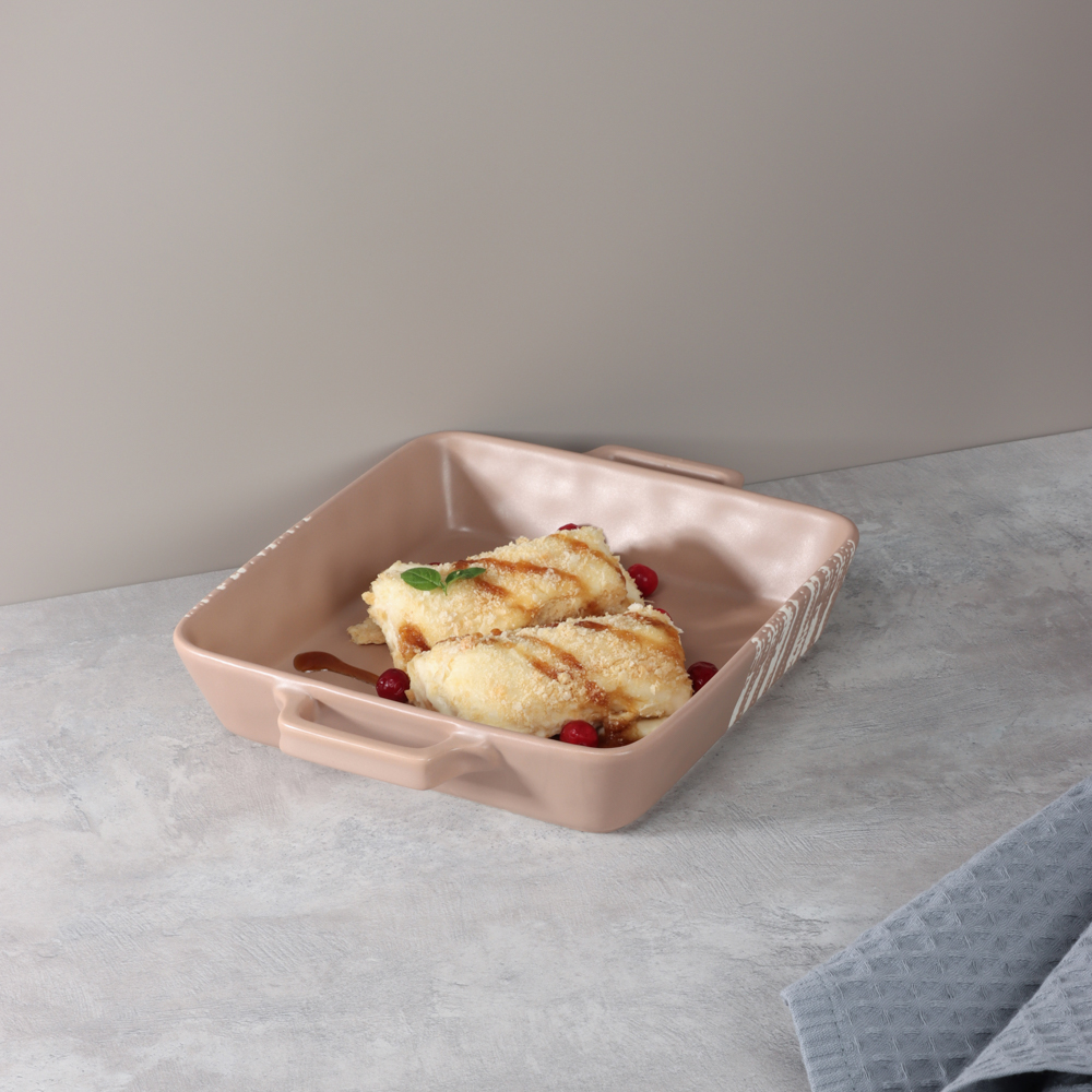 MILLIMI Форма для запекания и сервировки квадратная с ручками, керамика, 26х21х5 см, объем 1,2 л, бежевая, арт.№ 826-384