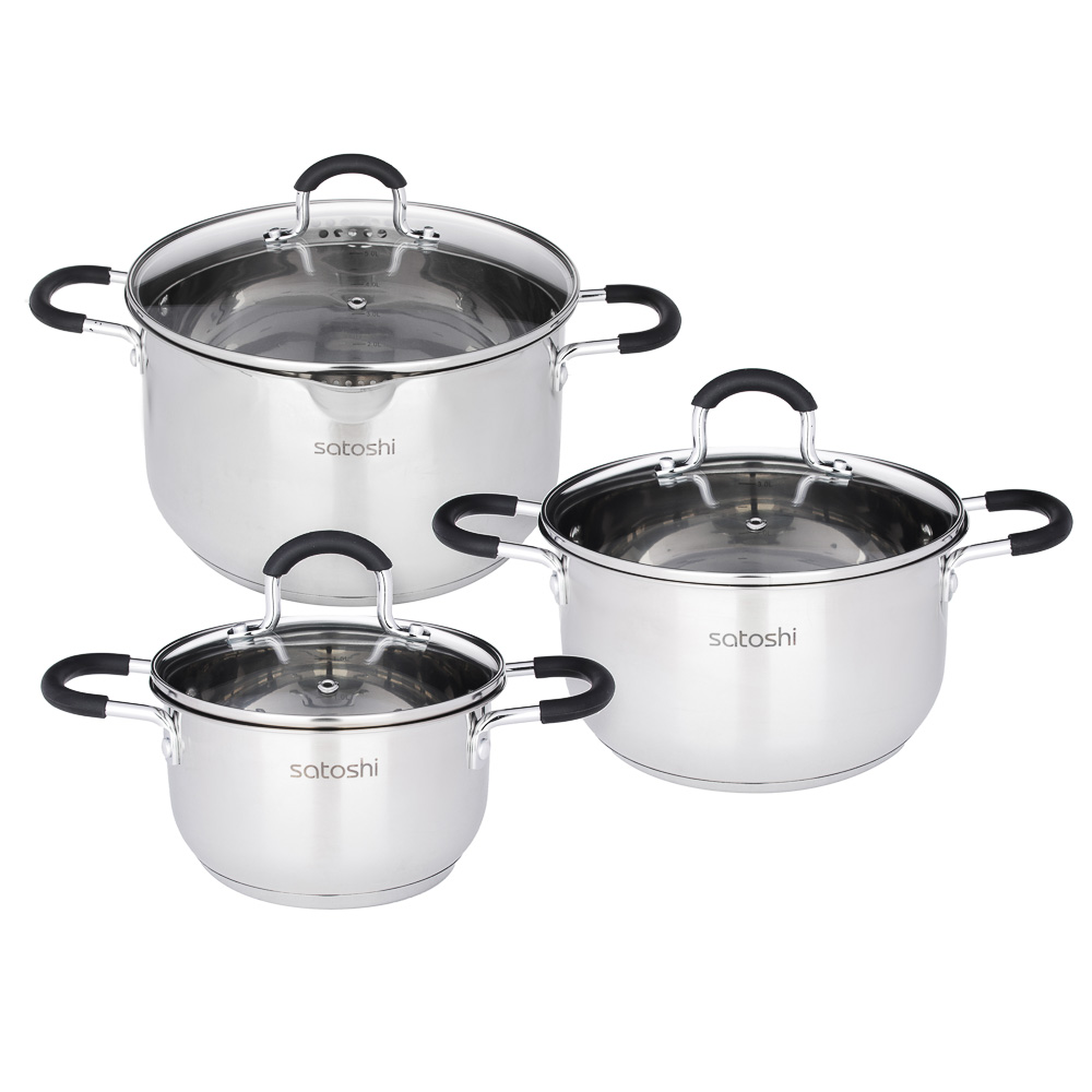 SATOSHI Альбер Набор кастрюль 6 пр.: 1,7л, 3,4л, 6,0л, черные силиконовые ручки, со стекл. крышкой, арт.№ 822-205