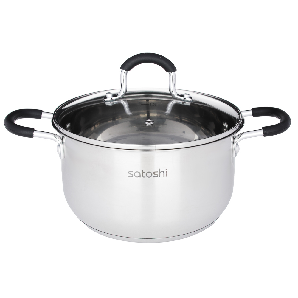 SATOSHI Альбер Набор кастрюль 6 пр.: 1,7л, 3,4л, 6,0л, черные силиконовые ручки, со стекл. крышкой, арт.№ 822-205