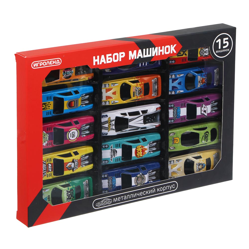 ИГРОЛЕНД Набор металлических машинок, 15 шт, металл, PP, 25х17х2 см, арт.№ 292-474