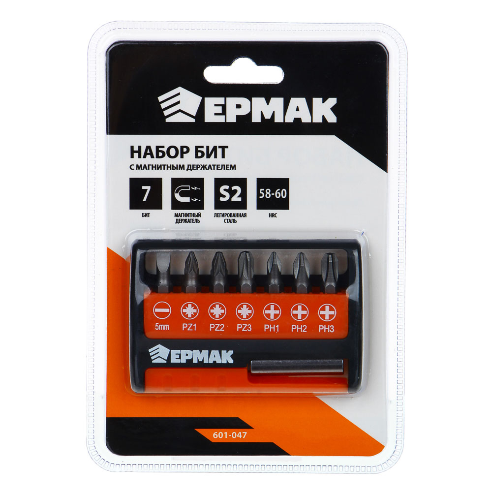ЕРМАК Биты для шуруповерта, набор 8шт с магнитным держателем, удобный кейс, длина бит 25 мм, арт.№ 601-047