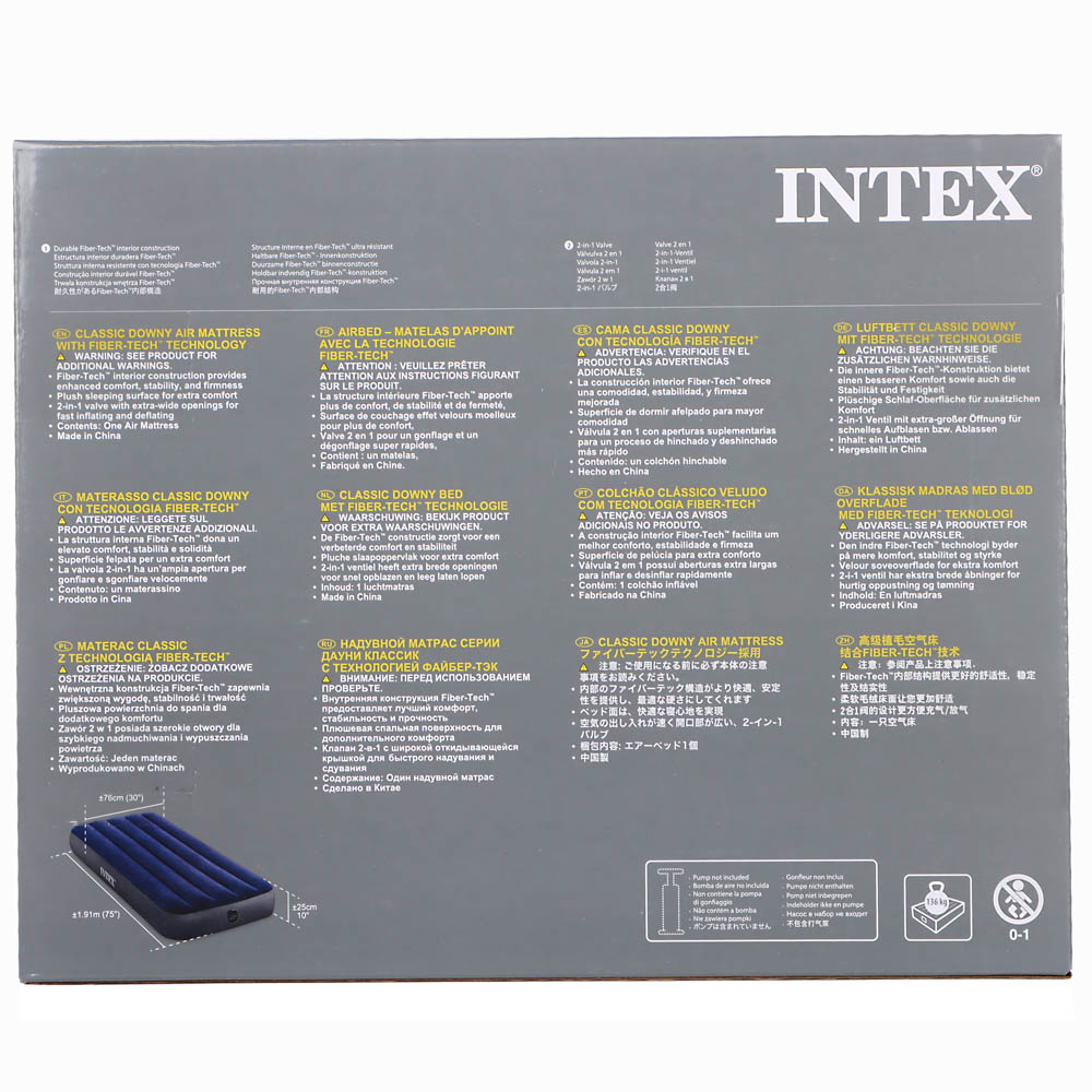 INTEX Матрас надувной CLASSIC DOWNY, с технологией ФАЙБЕР-ТЭК, 191х76x25см, до 136кг, 64756, арт.№ 108-041