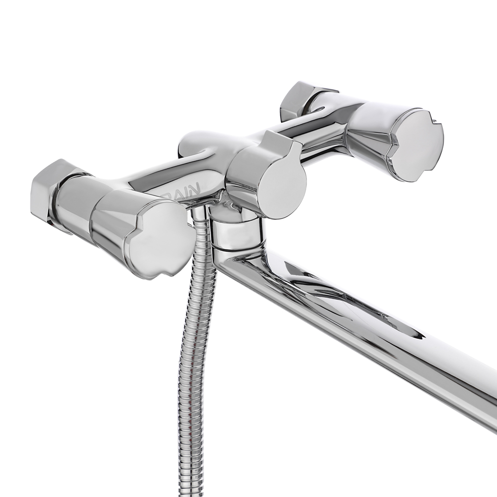 RAIN Смеситель для ванны Уран, прямой излив 35см, кранбуксы 1/2, душ. набор, овал, латунь, хром, арт.№ 561-004