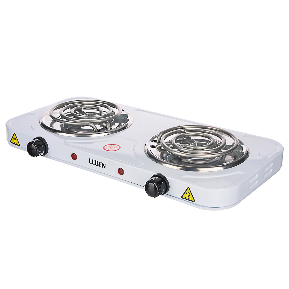 LEBEN Плитка электрическая двухконфорочная 2000Вт нагр. эл. спираль d14cм, F011, арт.№ 475-037