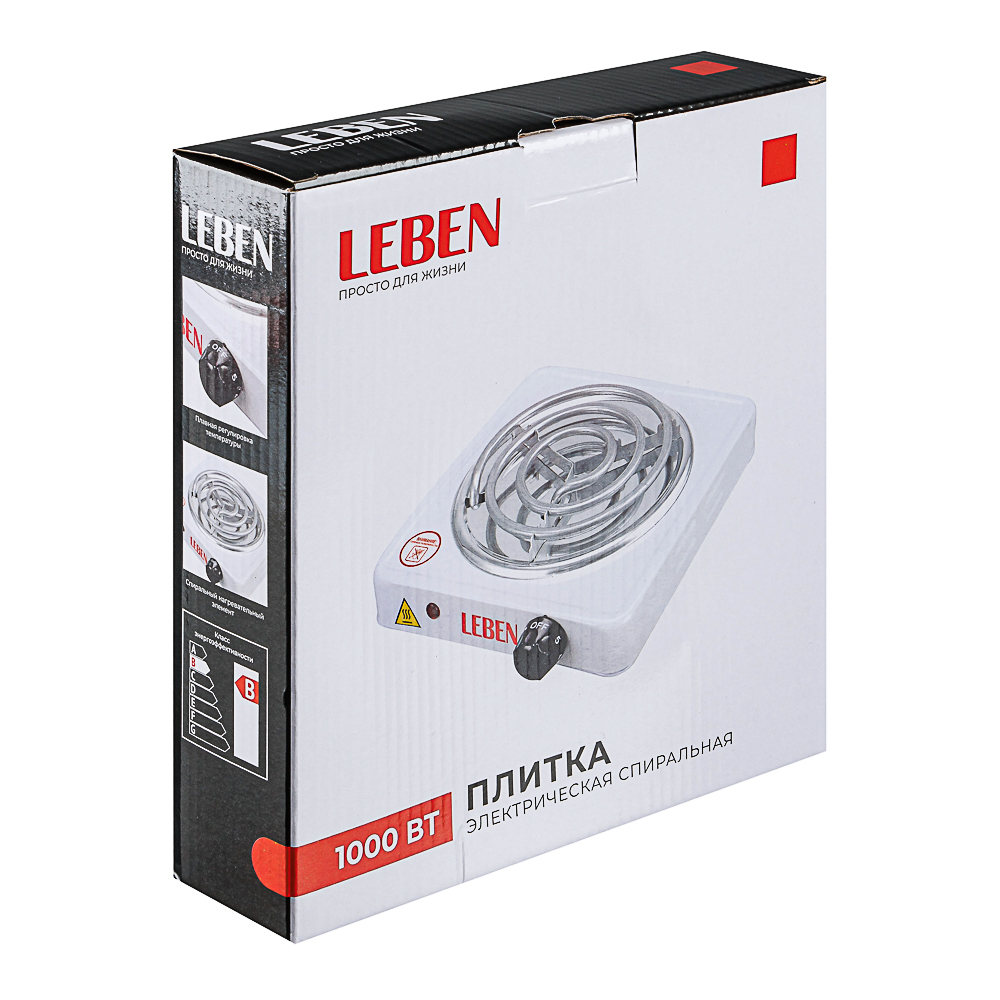 LEBEN Плитка электрическая одноконфорочная 1000Вт нагр. эл. спираль d14см, арт.№ 475-039