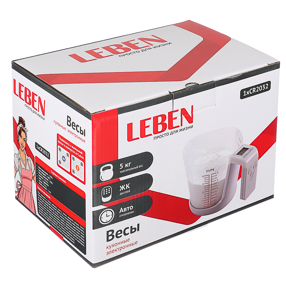 LEBEN Весы кухонные электронные, кувшин 1 л, макс.нагрузка до 5кг (точн. измер. 1 гр), LCD-дисплей, арт.№ 268-048