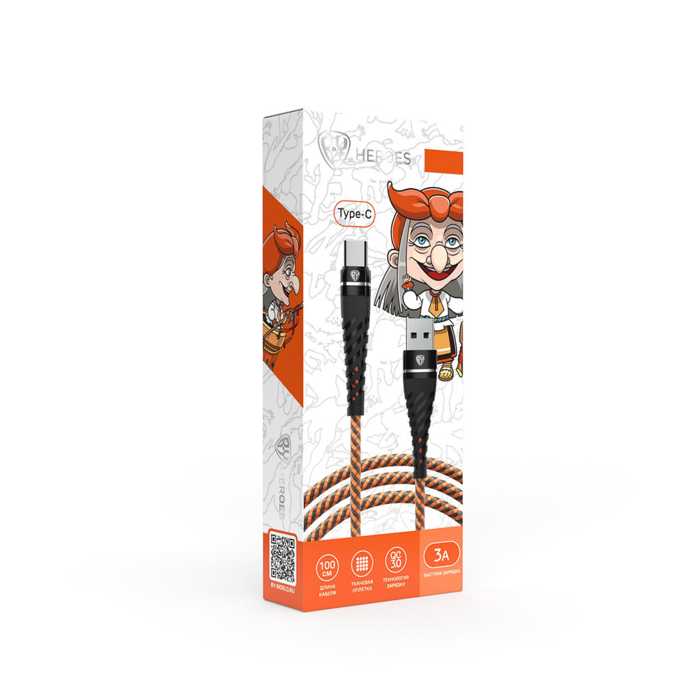Кабель для зарядки USB(A)-Type C BY Герои, 1м, 3А, Быстрая зарядка QC3.0, тканевая оплётка, Баба Яга, арт.№ 931-392