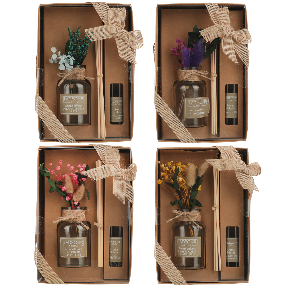 LADECOR Аромадиффузор с палочками, с декором, 100 мл, 4 аромата, арт.№ 412-075