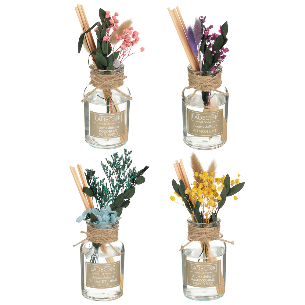 LADECOR Аромадиффузор с палочками, с декором, 100 мл, 4 аромата, арт.№ 412-075
