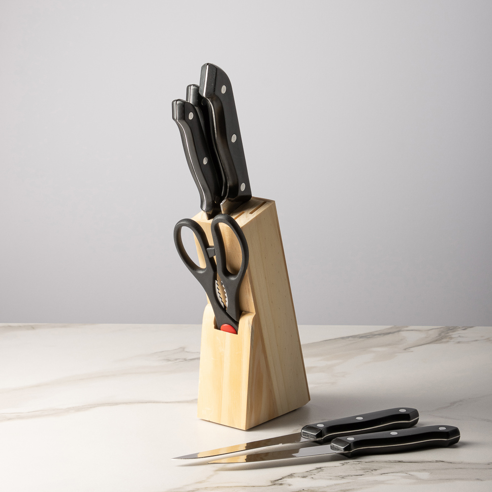 Набор ножей 7 пр. в дер.подставке: ножи кух. 8,5см, 12,5см, 14см, 19см, 19см, ножницы, подставка, арт.№ 803-104