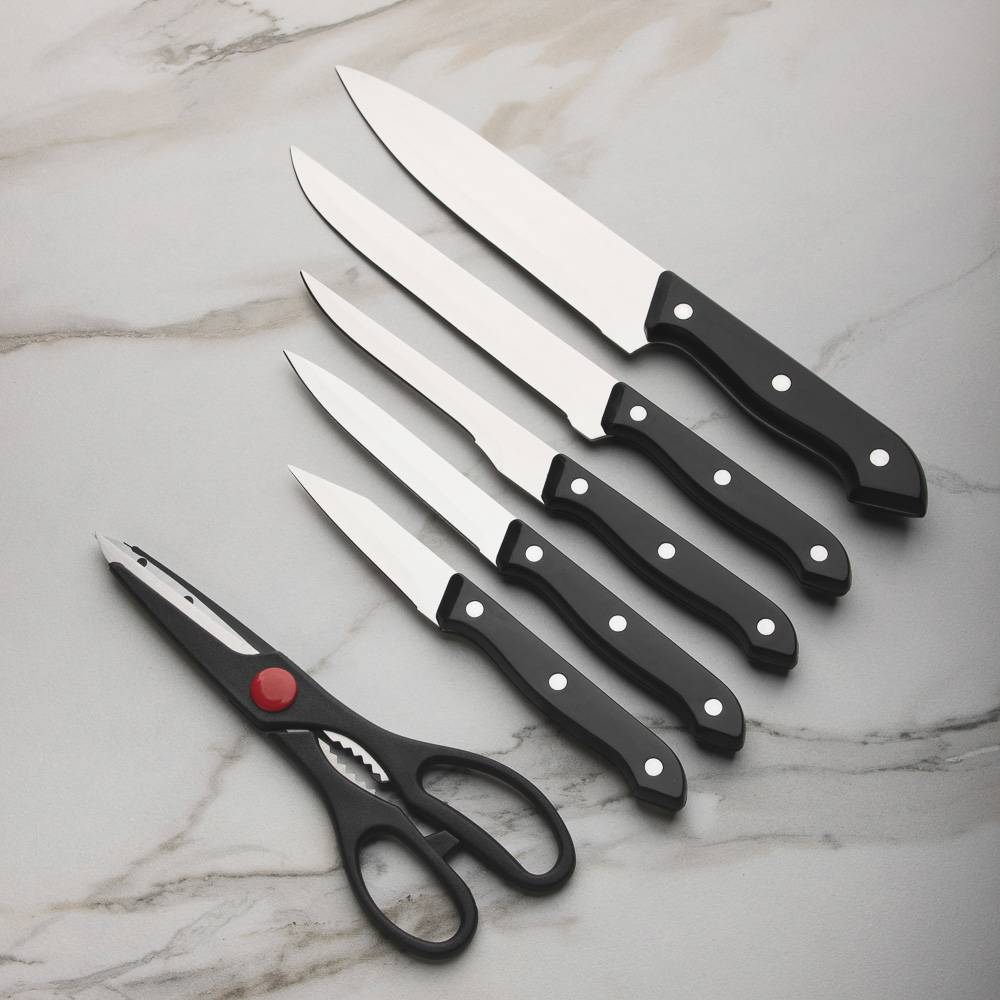 Набор ножей 7 пр. в дер.подставке: ножи кух. 8,5см, 12,5см, 14см, 19см, 19см, ножницы, подставка, арт.№ 803-104