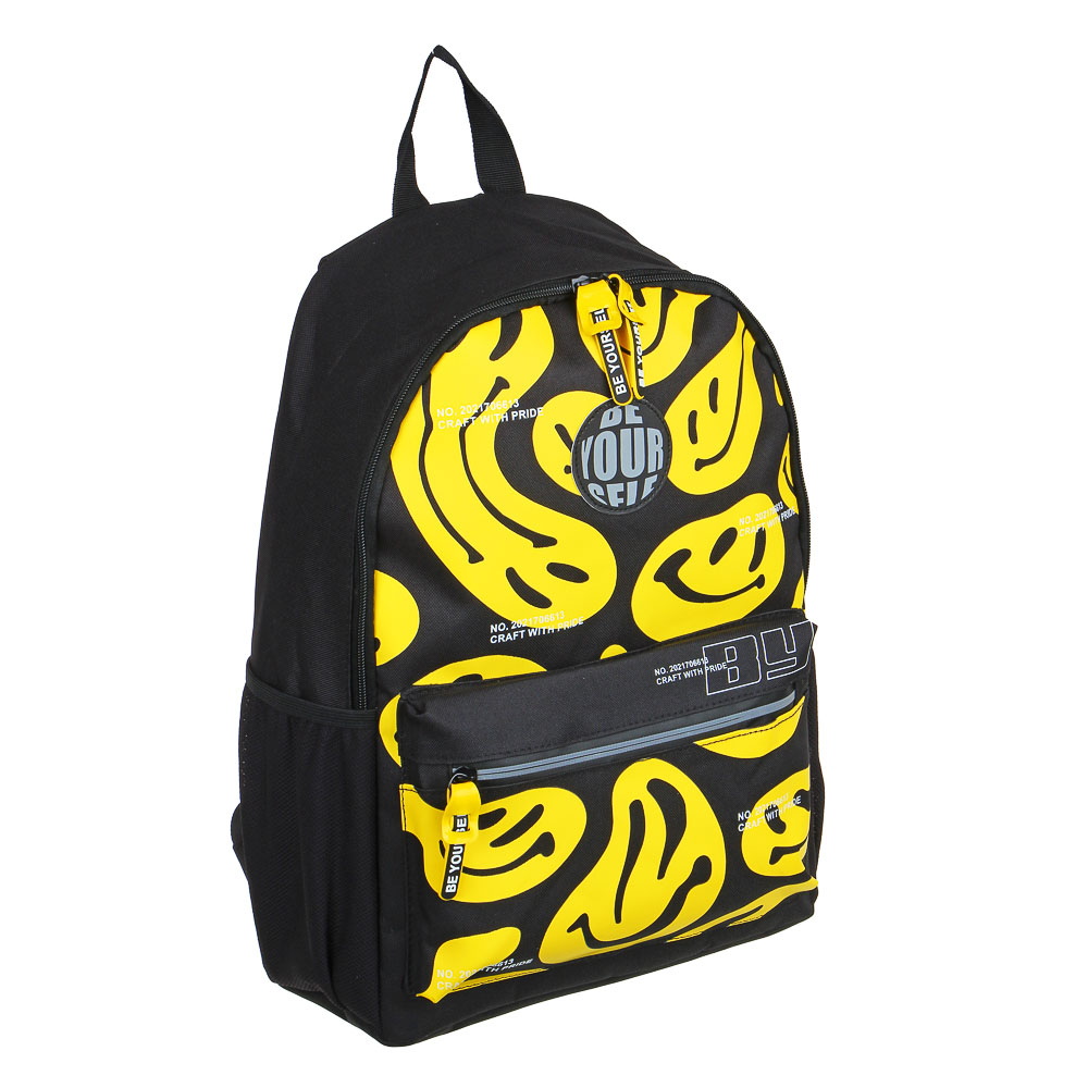 BY Рюкзак подростковый, 41x29x18см, "Смайлы", 1 отделение, 4 карм., улучшенный ПЭ, светоотраж.печать, арт.№ 254-489