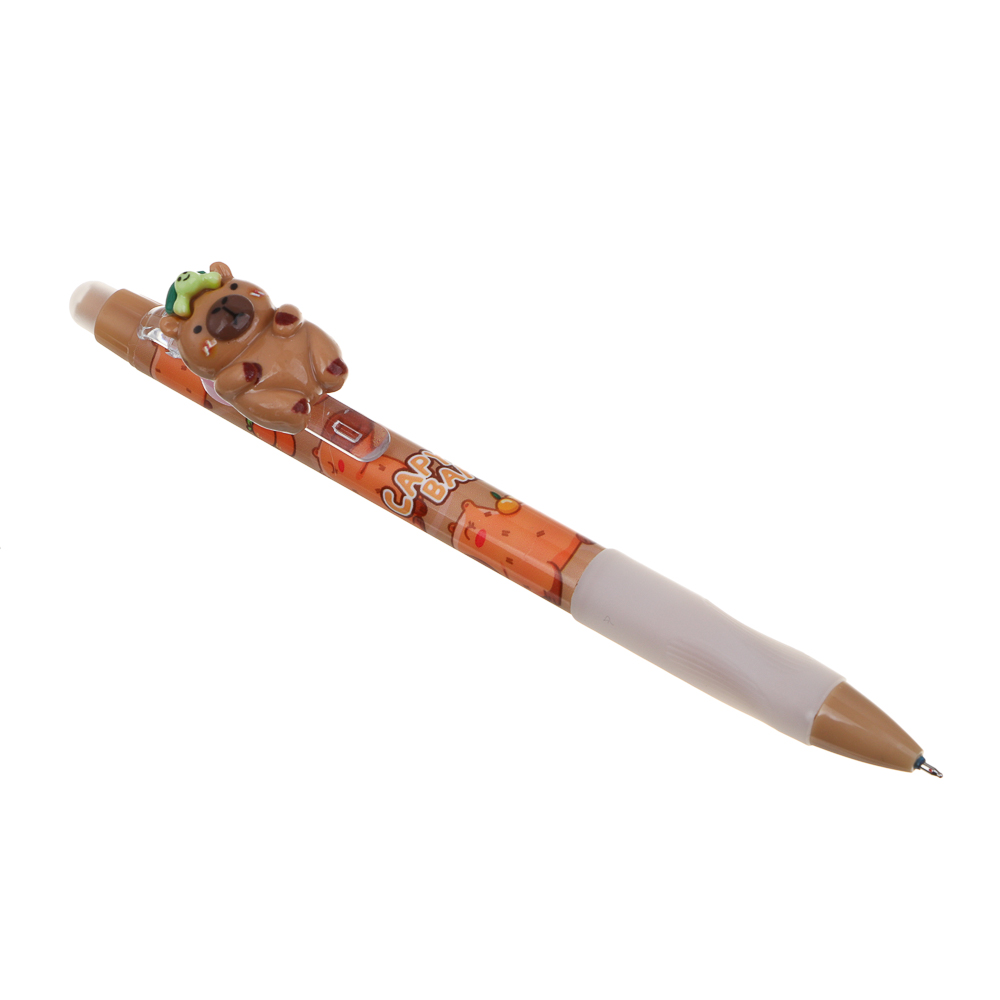 Авторучка гелевая "пиши-стирай" синяя, вращающаяся фигурка на клипе "Капибара", эргономичная накладка, 2 дизайна, арт.№ 591-227