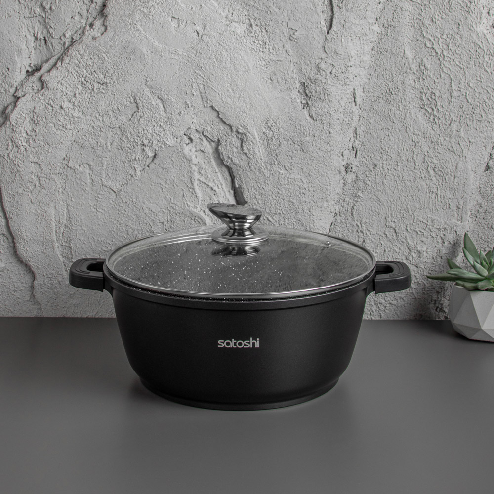 Кастрюля с крышкой 6,3 л, d28х12,5 см SATOSHI Лион, антипригарное покрытие мрамор, силиконовые протекторы ручек, индукция, арт.№ 846-407