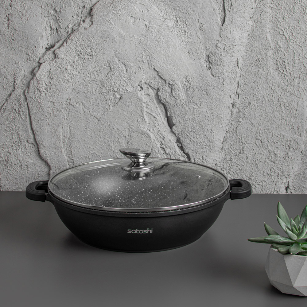 SATOSHI Лион Сотейник с крышкой 5,2л d32х8,2см, а/приг.покр.Мрамор, силик.протекторы ручек, индукц, арт.№ 846-414