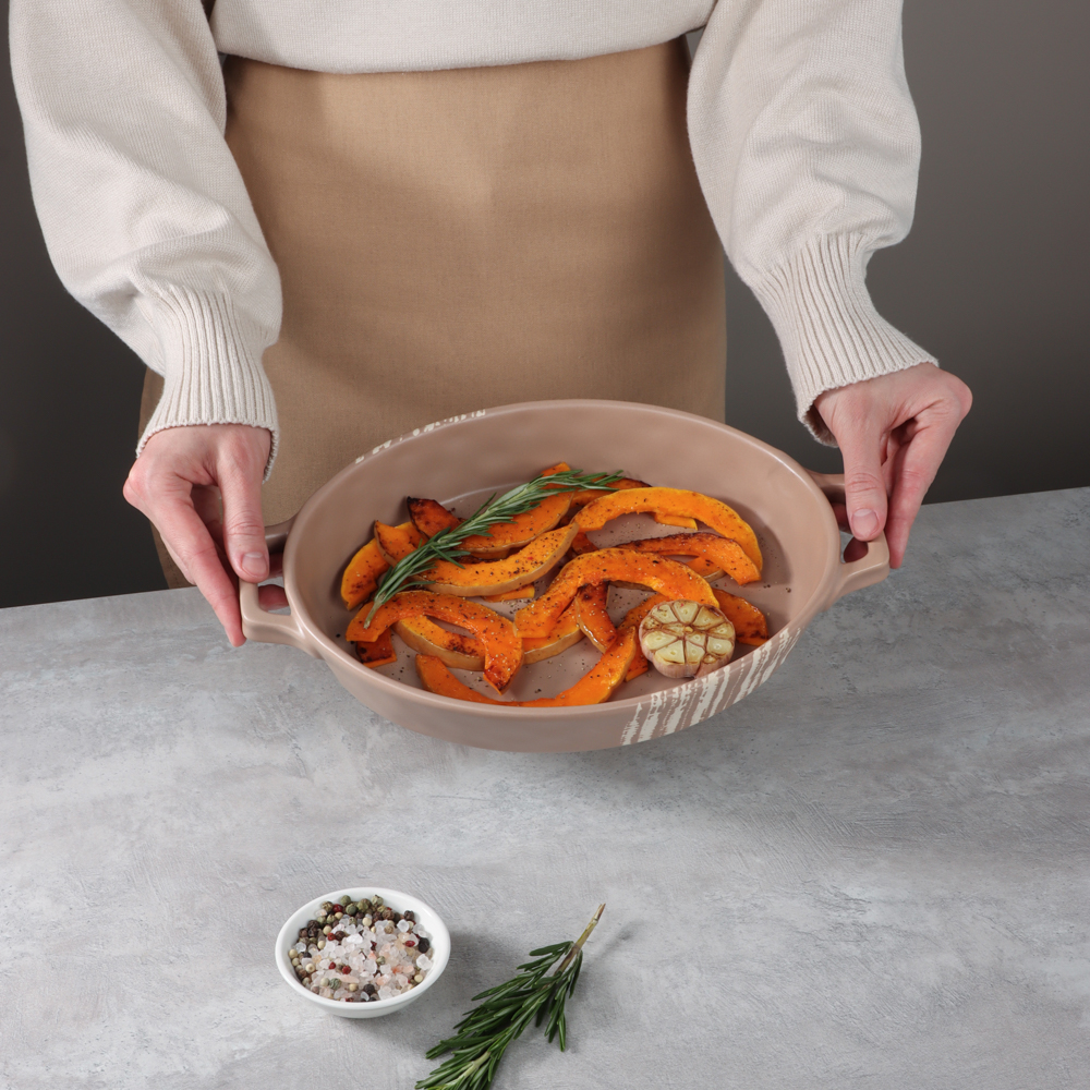 MILLIMI Форма для запекания и сервировки овальная с ручками, керамика, 31х20,5х5 см, объем 1,1 л, бежевая, арт.№ 826-386