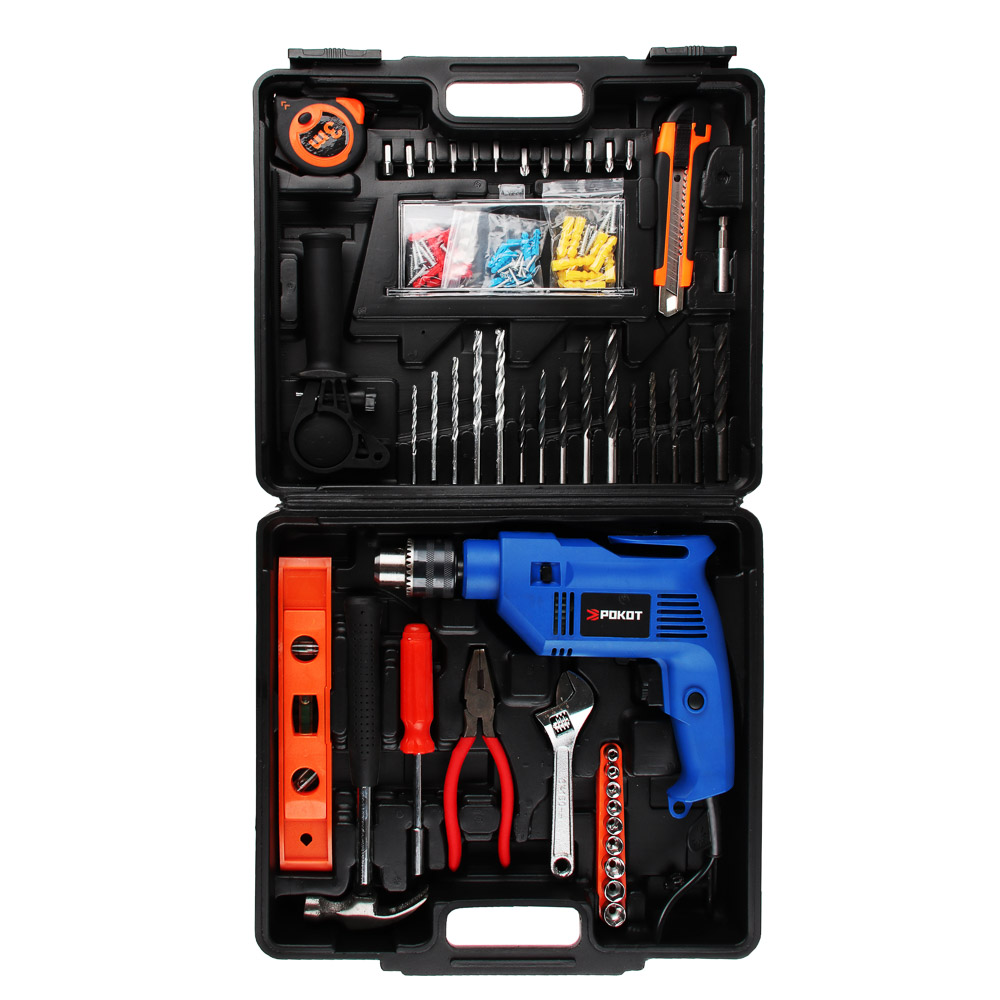 РОКОТ Набор инструментов "Домашний Мастер" Дрель Ударная 500Вт,набор,кейс 65 предметов для ремонта, арт.№ 693-011