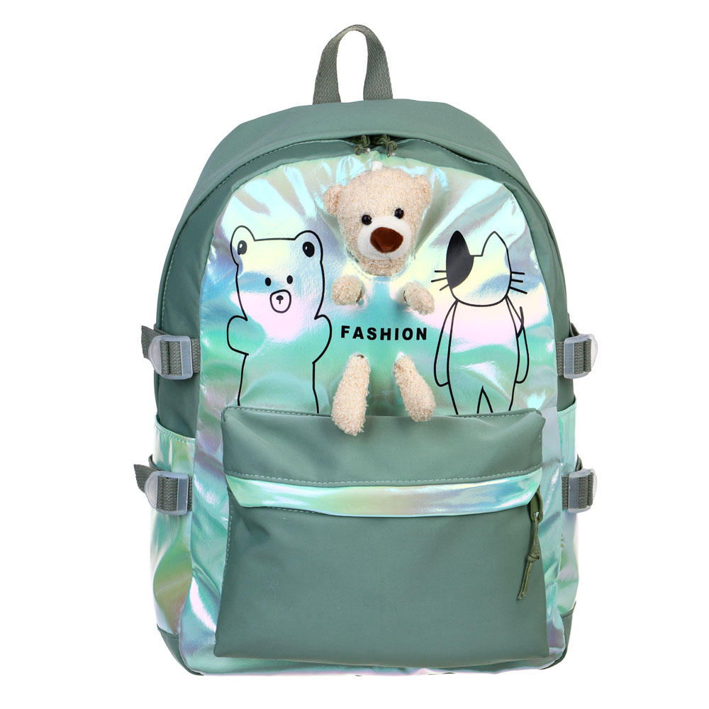 Рюкзак 45x31,5x14см, 1 отд., 4 карм., декор мягкой игрушкой, ПЭ, нейлон, зеленый, арт.№ 394-403