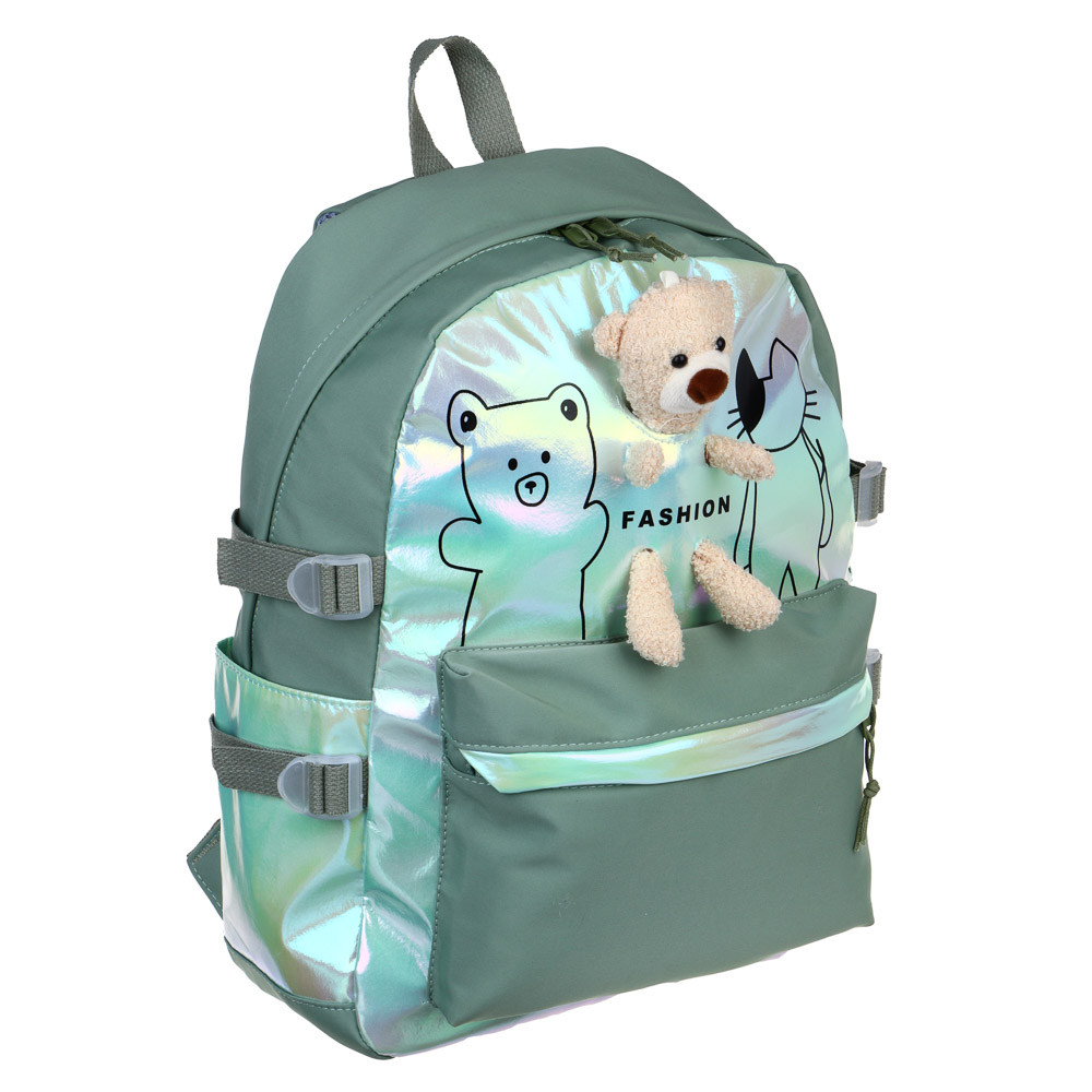 Рюкзак 45x31,5x14см, 1 отд., 4 карм., декор мягкой игрушкой, ПЭ, нейлон, зеленый, арт.№ 394-403