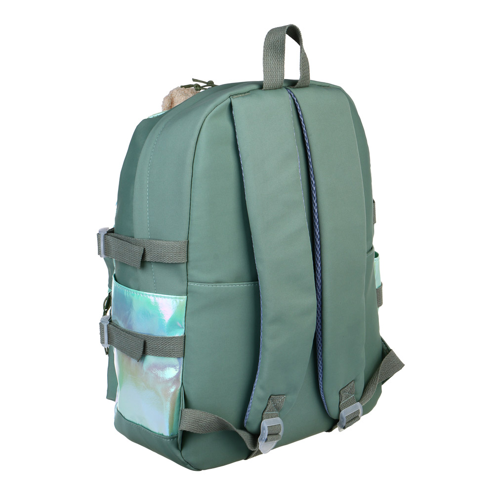 Рюкзак 45x31,5x14см, 1 отд., 4 карм., декор мягкой игрушкой, ПЭ, нейлон, зеленый, арт.№ 394-403