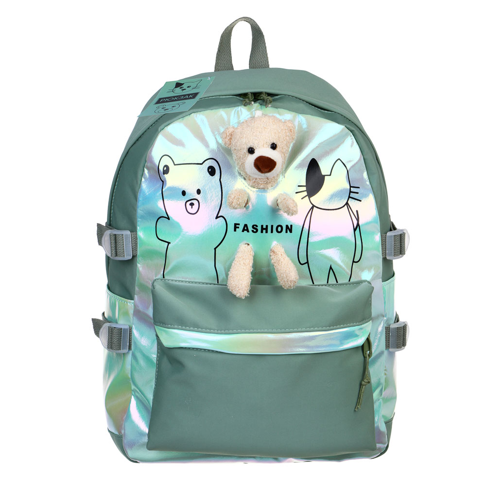 Рюкзак 45x31,5x14см, 1 отд., 4 карм., декор мягкой игрушкой, ПЭ, нейлон, зеленый, арт.№ 394-403