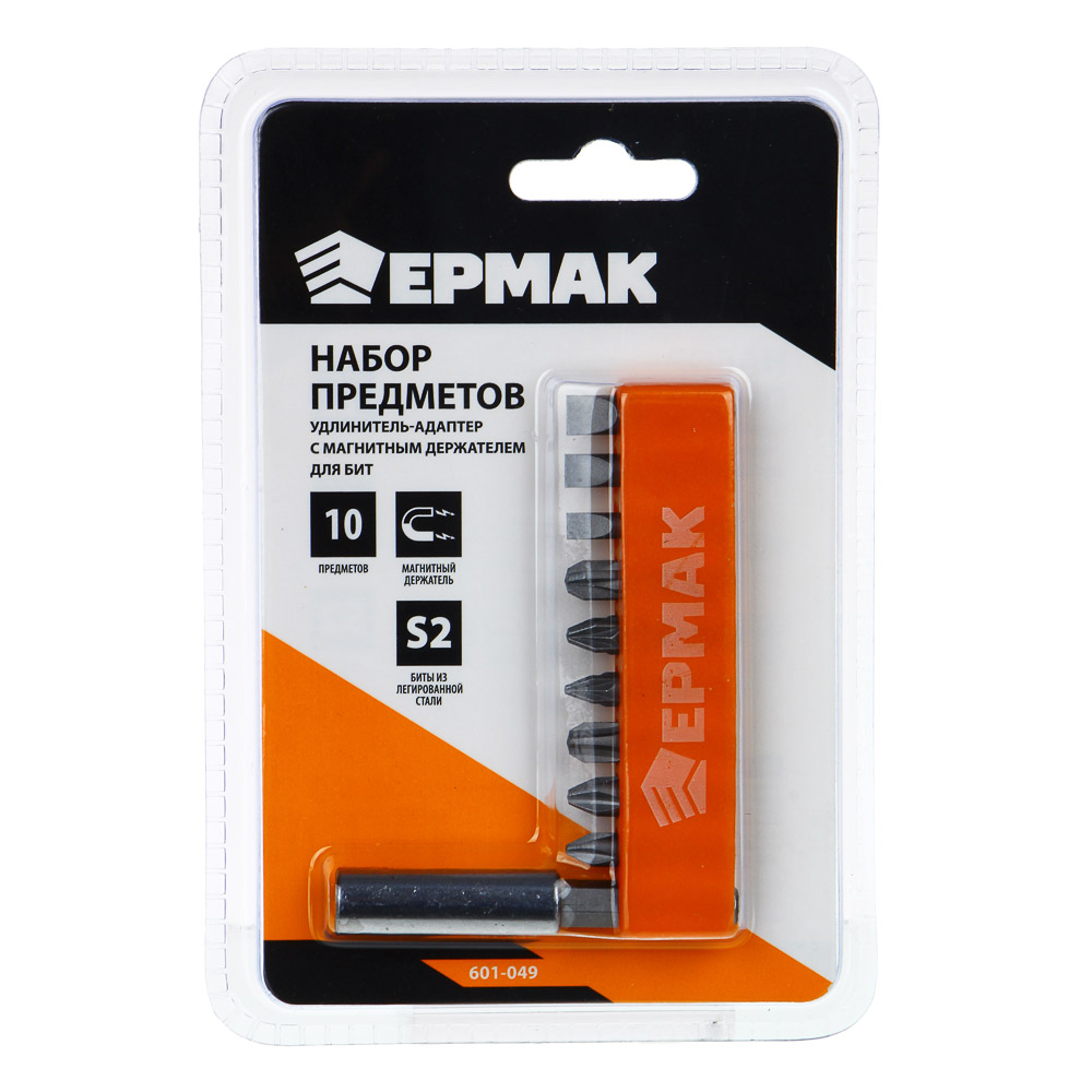 ЕРМАК Набор 10 пр: удлинитель-адаптер с магнитным держателем для бит; 9 бит длиной 25мм, арт.№ 601-049