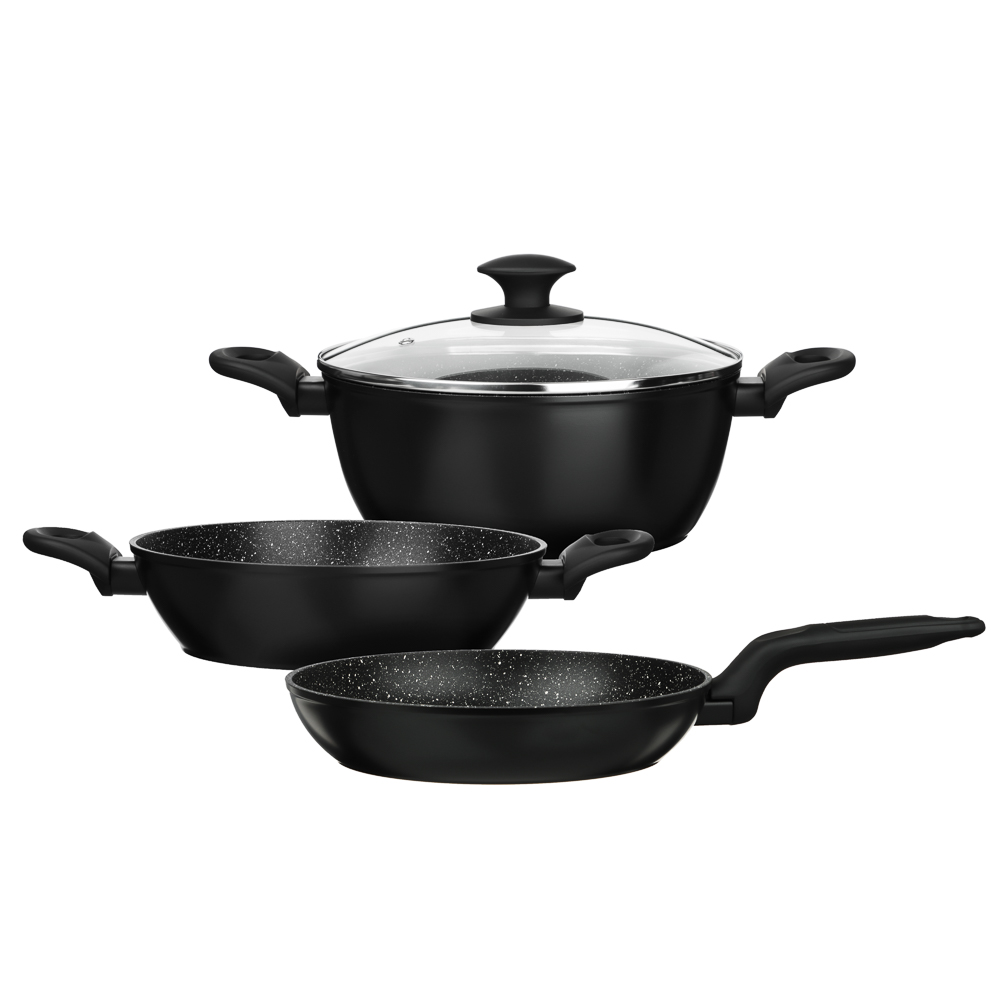 Набор посуды 4 предмета SATOSHI Стоун, сковорода, сотейник, кастрюля d24 см, крышка, антипригарное покрытие мрамор, арт.№ 846-433