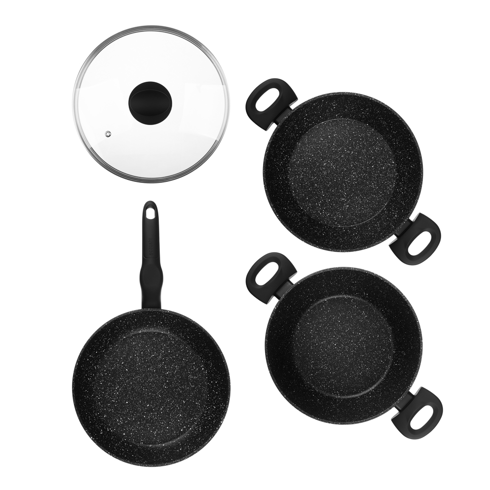 Набор посуды 4 предмета SATOSHI Стоун, сковорода, сотейник, кастрюля d24 см, крышка, антипригарное покрытие мрамор, арт.№ 846-433