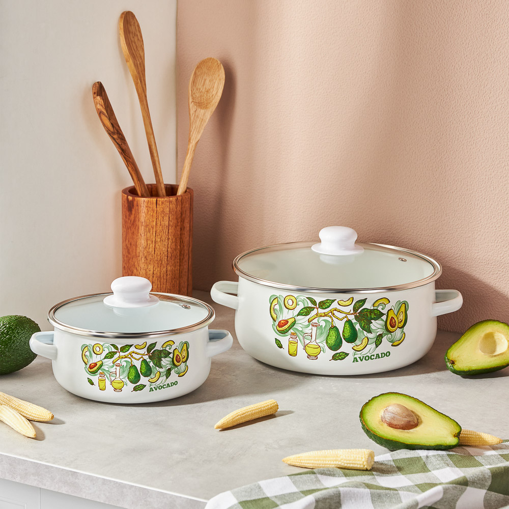 Набор эмалированных кастрюль со стекл. крышками, 4пр. (18/24см, 1,5/4л) "Авокадо", индукция, арт.№ 894-507
