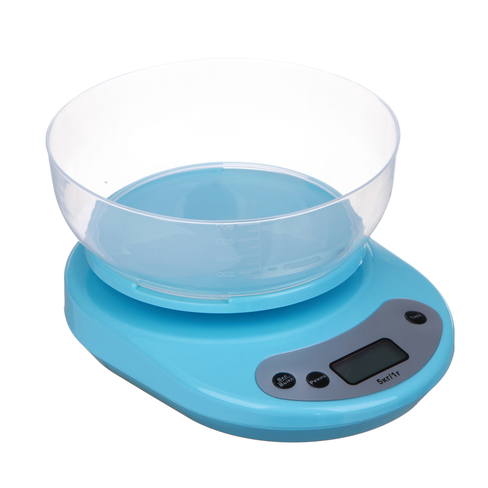 Весы кухонные электронные, ЖК-дисплей, пластиковая чаша 1л, нагрузка до 5кг, 3 цвета, арт.№ 487-002